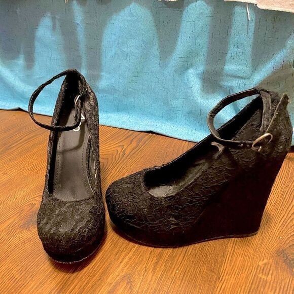 A.CO Black Lace Platform  Wedge Shoes Size 39 - Picture 6 of 8